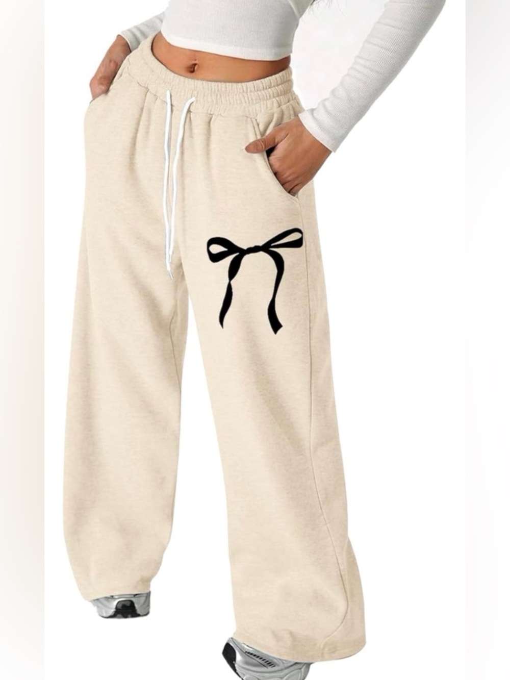 Kids Wide-Leg Drawstring Sweatpants with Bow Graphic - Cream